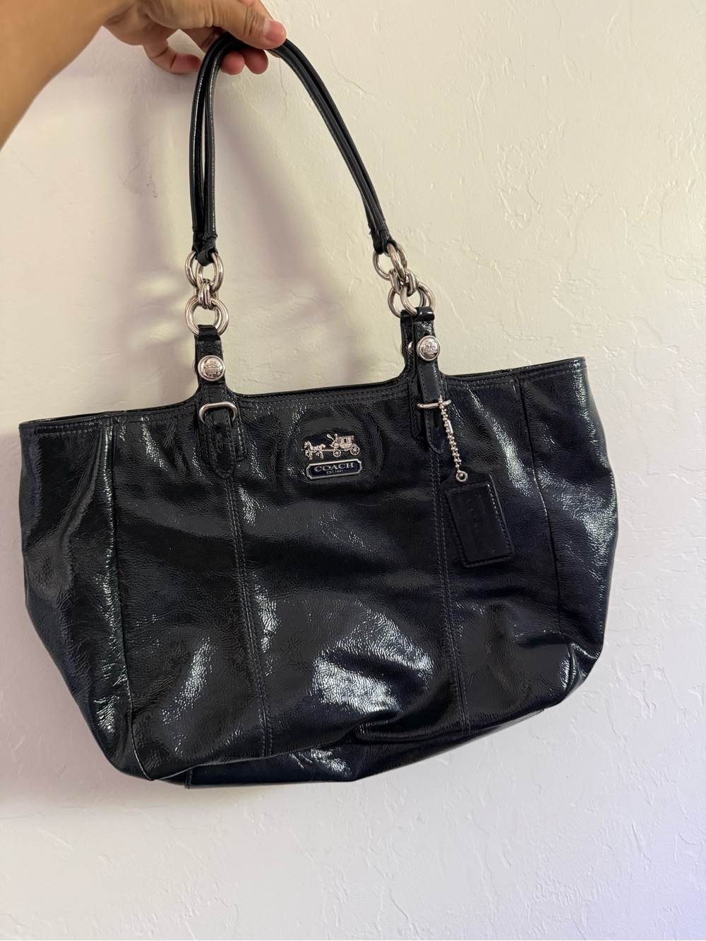 Coach Black Patent Leather Shoulder Tote with Silver Hardware